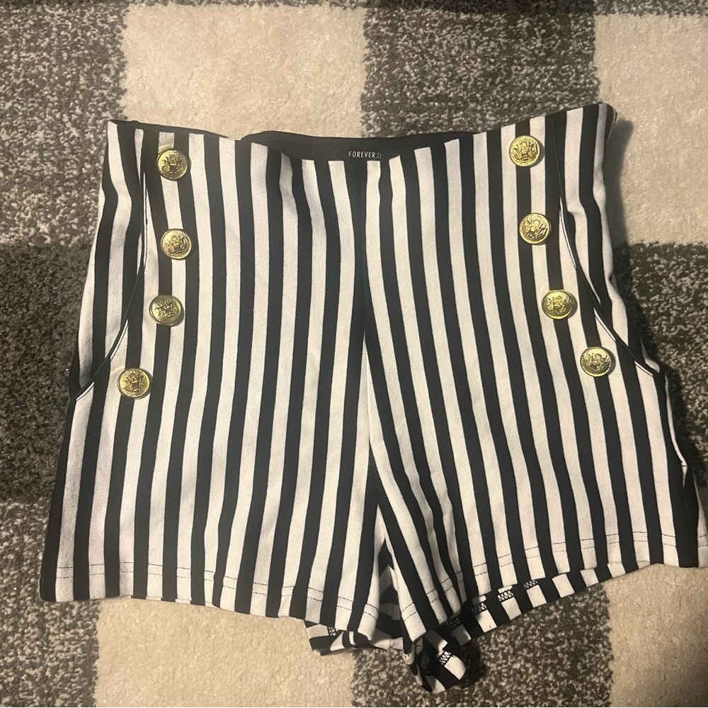 Forever 21 Striped High Waist Shorts with Gold Buttons